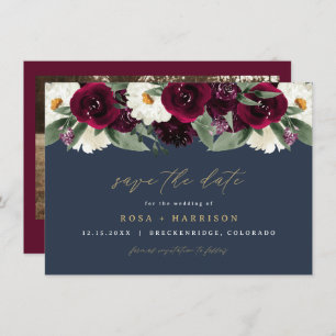 ROSA Rich Burgundyフローラネイビー写真Save the Date 招待状