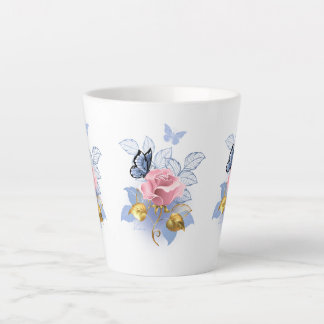 Rosa Rosen & blaue Schmetterlinge - Elegante Tasse カフェラテマグ