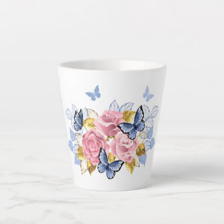 Rosa Rosen & blaue Schmetterlinge - Elegante Tasse カフェラテマグ
