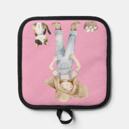 Rosa Topflappen mit Mädchen und Katze 鍋敷き