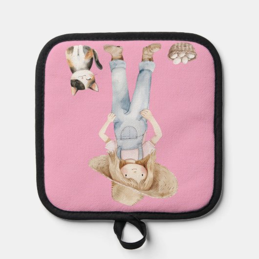 Rosa Topflappen mit Mädchen und Katze 鍋敷き (正面)