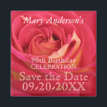 Rose 90th Birthday Celebrate Save the date magnet マグネット<br><div class="desc">Floral photograph of a red blooming rose with a slight blur for adding softness to the picture. Design on square magnet for 90th Birthday Save the Date date and name to customize. You can easily change text (font, color, size and position) by clicking the personalize or customize button. Matching Birthday...</div>