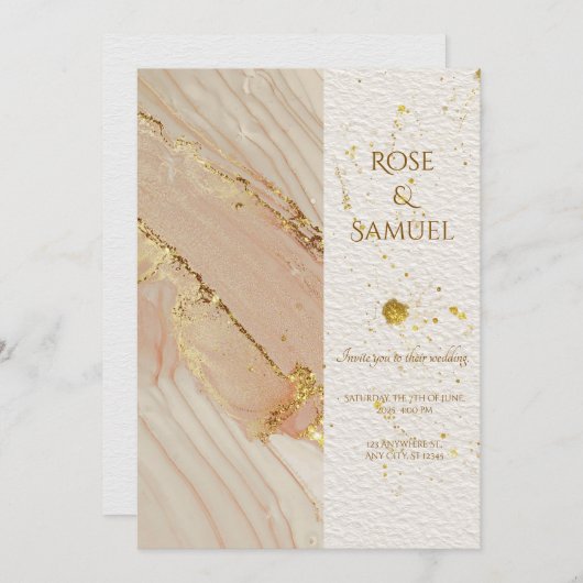 Rose Alcohol Ink Glitter Gold Wedding Invitation 招待状 (正面/裏面)