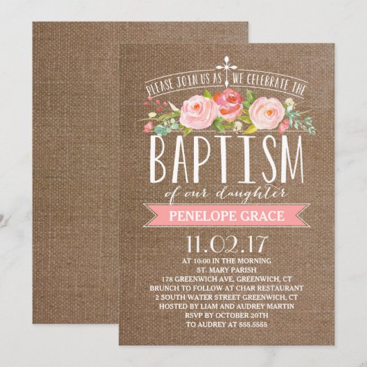 Rose Banner Burlap | 洗礼招待状 招待状 (正面/裏面)