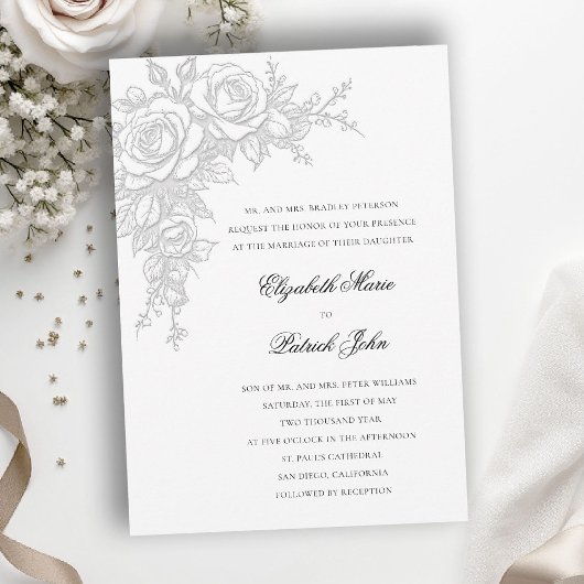 Rose Black White Timeless Formal Classic Wedding 招待状