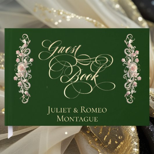 Rose Border & Heart Monogram - Emerald Guest Book ゲストブック