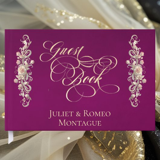 Rose Border & Heart Monogram - Plum Guest Book ゲストブック