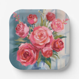 Rose Bouquet | 赤い花の花瓶 水彩の花 ペーパープレート