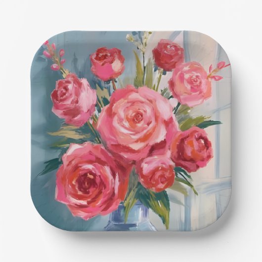 Rose Bouquet | 赤い花の花瓶 水彩の花 ペーパープレート (正面)