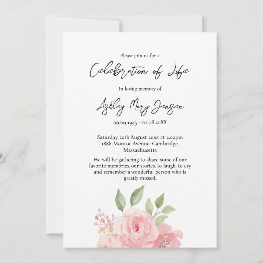 Rose Celebration of Life Photo Funeral 招待状 (裏面)