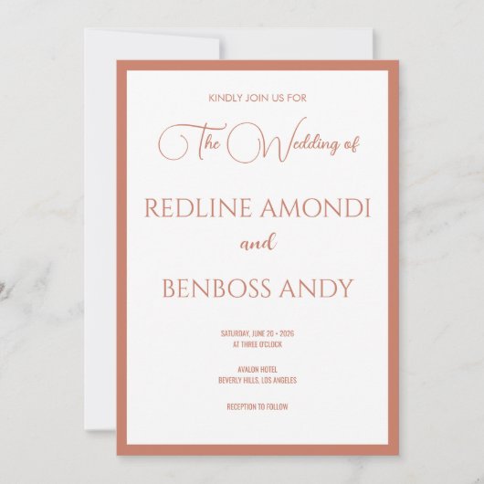 Rose Copper Minimalist Modern Calligraphy Wedding 招待状 (正面)