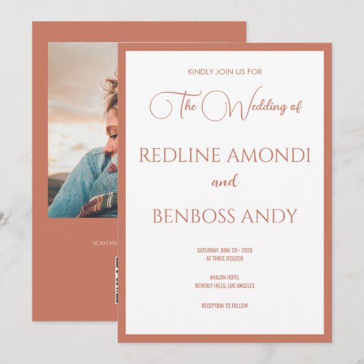 Rose Copper Minimalist Modern Calligraphy Wedding 招待状 (正面/裏面)