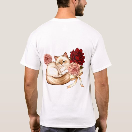 Rose Dreams: Curled Cat in Floral Bliss Tシャツ (裏面)