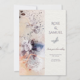Rose Floral Ink Elegant Textured Wedding I 招待状