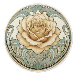 Rose Flower Green Cream Gold Art Deco Nouveau セラミックノブ