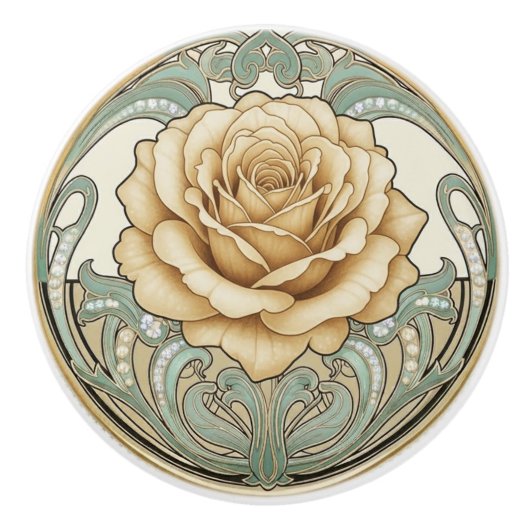 Rose Flower Green Cream Gold Art Deco Nouveau セラミックノブ (正面)