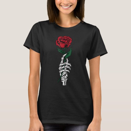 Rose Flower White Skeleton Hand Holding A Red Rose Tシャツ (正面)