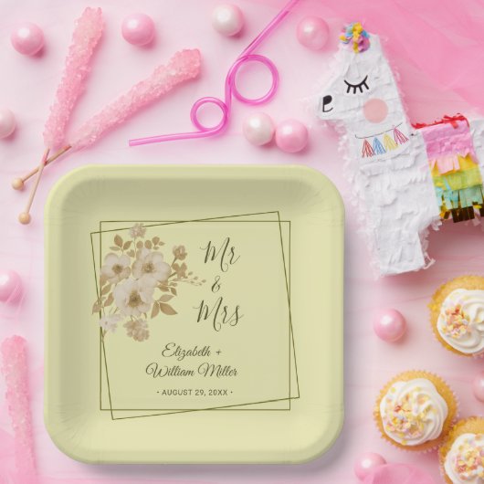 Rose Frame – Celestial Yellow Wedding ペーパープレート (パーティー)