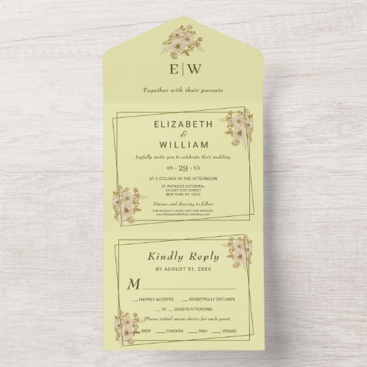 Rose Frame – Monogram Celestial Yellow Wedding オールインワン招待状 (内側)
