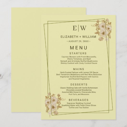 Rose Frame – Monogram Celestial Yellow Wedding メニュー (正面/裏面)