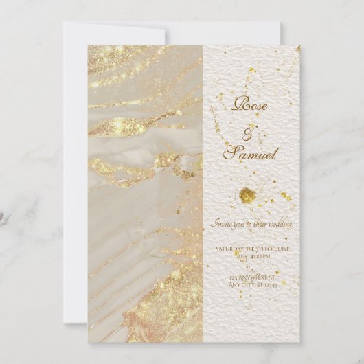 Rose Glitter Gold Alcohol Ink Wedding Invitation 招待状 (正面)
