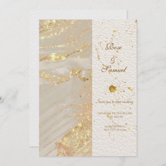 Rose Glitter Gold Alcohol Ink Wedding Invitation 招待状 (正面/裏面)