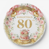 Rose Gold 80歳の誕生日プレート ペーパープレート (正面)