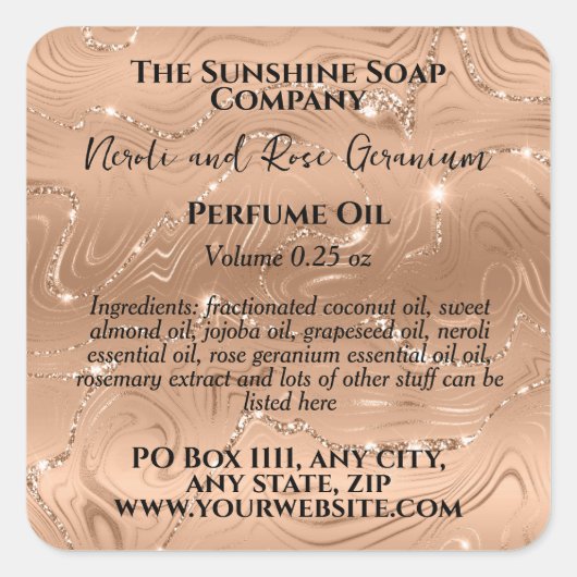 Rose Gold and Glitter Perfume Roller Bottle label スクエアシール (正面)