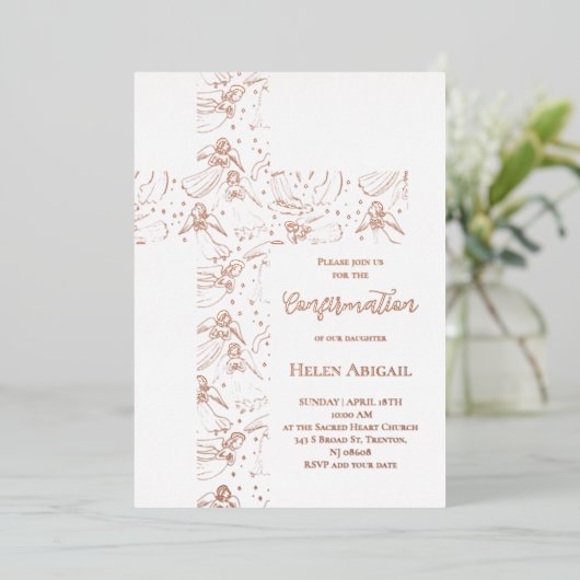 rose gold angels pattern cross Confirmation 箔招待状 (立ち正面)