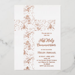 rose gold angels pattern cross First Communion 箔招待状