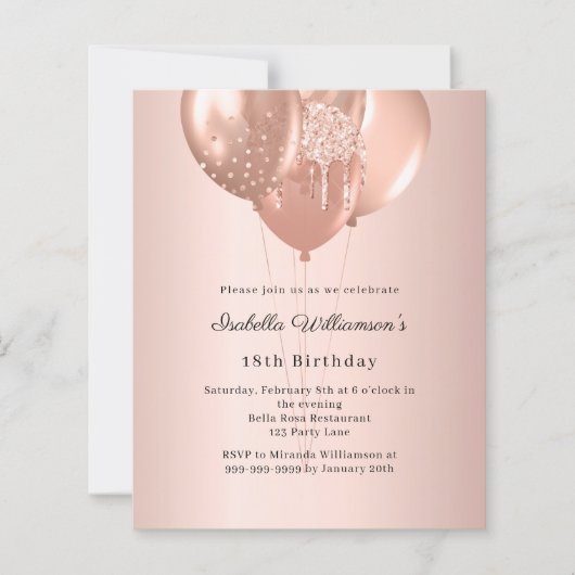 Rose gold balloons birthday invitation (正面)