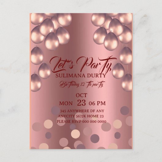 Rose Gold Birthday Invitation Template: Let's Part ポストカード (正面)