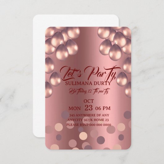 Rose Gold Birthday Invitation Template: Let's Part 出欠カード (正面/裏面)