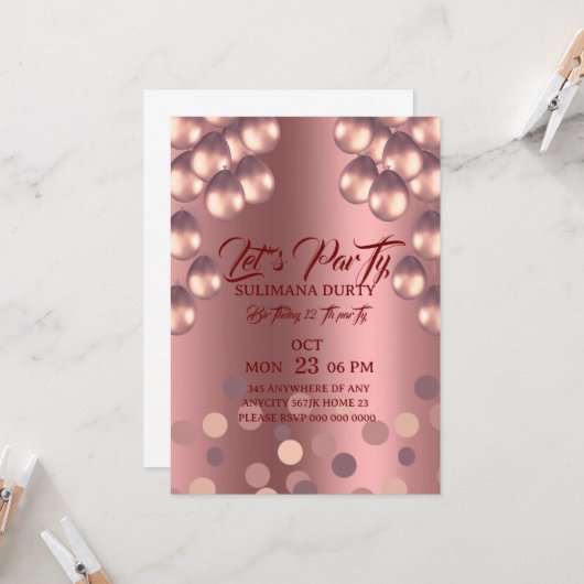 Rose Gold Birthday Invitation Template: Let's Part 招待状 (正面/裏面インサイチュ)
