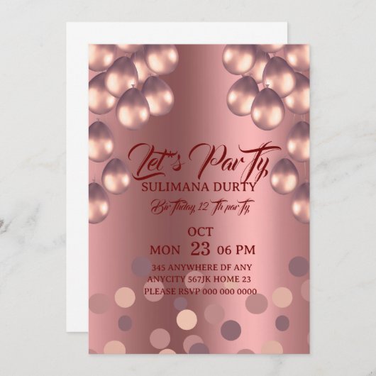 Rose Gold Birthday Invitation Template: Let's Part 招待状 (正面/裏面)