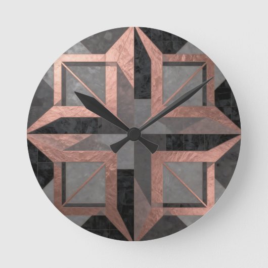 Rose Gold Black Geometric Marble ラウンド壁時計 (正面)