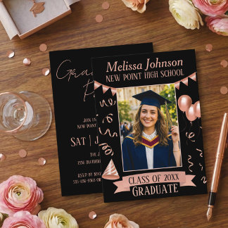 Rose Gold & Black Grad Party Photo Invitation 招待状