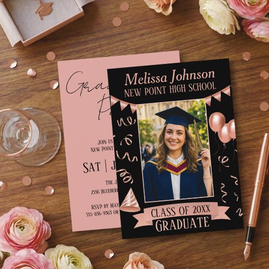 Rose Gold & Black Grad Party Photo Invitation 招待状