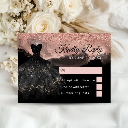 Rose Gold & Black Princess Quinceañera RSVP Card エンクロージャーカード
