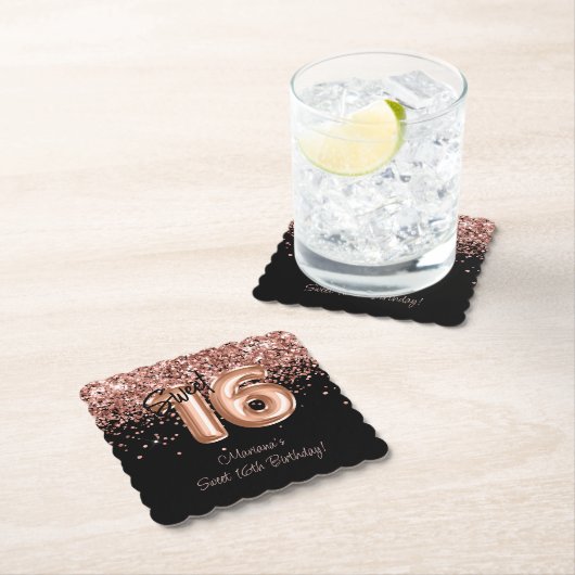 Rose Gold Blacki Sweet 16th 誕生日パーティー ペーパーコースター (インサイチュ)