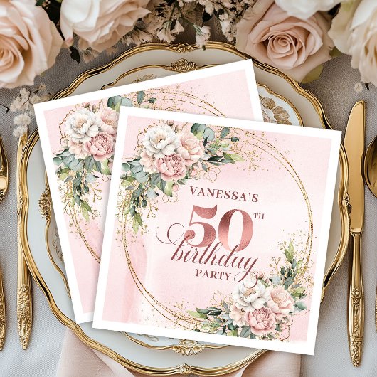 Rose Gold Blush Eucalyptus 50th Birthday Napkins スタンダードカクテルナプキン