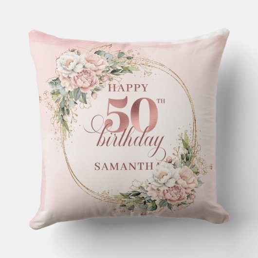 Rose Gold Blush Eucalyptus 50th Birthday Pillow クッション (裏面)