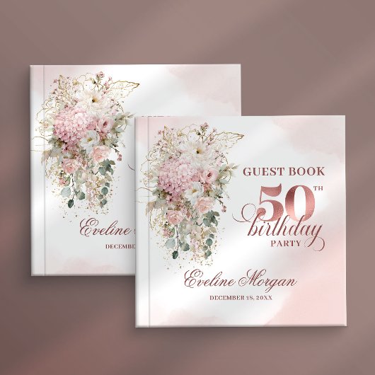 Rose Gold Blush Floral 50th Birthday Guest Book ゲストブック