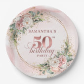 Rose Gold Blush Floral 50th Birthday Paper Plates ペーパープレート (正面)
