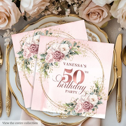Rose Gold Blush Floral 50th Birthday Party Napkins スタンダードカクテルナプキン