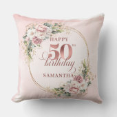 Rose Gold Blush Floral 50th Birthday Pillow Gift クッション (正面)