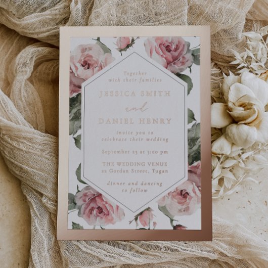 Rose Gold Blush Floral Frame Wedding 箔招待状