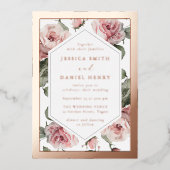Rose Gold Blush Floral Frame Wedding 箔招待状 (正面)