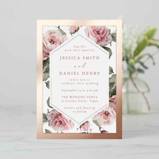Rose Gold Blush Floral Frame Wedding 箔招待状 (立ち正面)