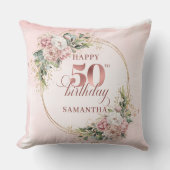 Rose Gold Blush Floral Greenery 50th Birthday クッション (正面)